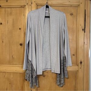 LOGO by Lori Goldstein Women’s Cardigan with Asymmetrical Lace Trim Size M